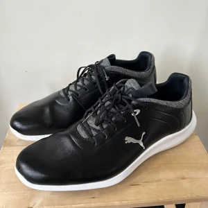 Puma Golfskor - Golfskor från märket puma för herr. Är använda enstaka gånger. Har ett litet märke längst fram på höger sko, se sista bilden. Men är verkligen inget som syns tydligt eller påverkar skons kvalité.  Katt finns i hemmet och finns fler bilder att få