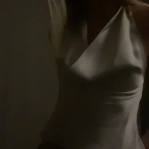 Fest topp  - Supersnygg satin topp från zara(slutsåld)  Säljer en supersnygg topp från zara som man knyter runt halsen med öppen rygg. där bak har den en liten defekt men syns inte, se bild. 