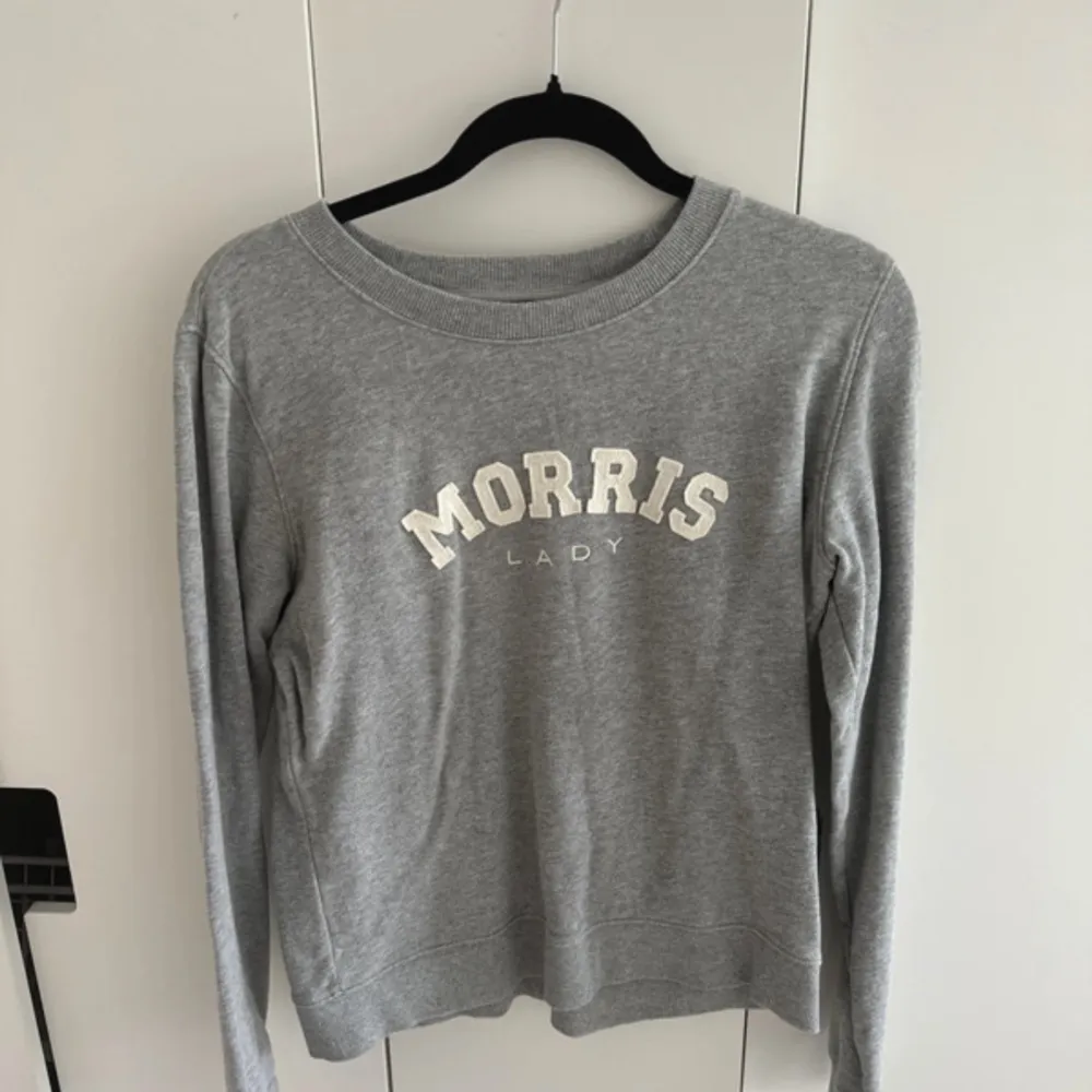 Säljer en snygg och bekväm grå tröja från Morris. Den har ett stilrent tryck med texten 'Morris Lady' på framsidan. Tröjan är långärmad och perfekt för en avslappnad stil. Passar bra till både jeans och kjol!. Tröjor & Koftor.