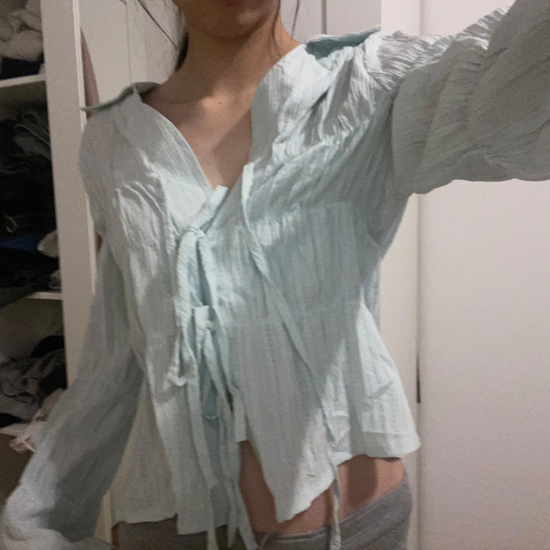 Ljus blå blus knytblus topp - 91