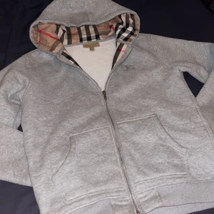 Grå hoodie från Burberry - Säljer en snygg grå hoodie från Burberry i mycket bra skick. Den har en klassisk rutig insida i huvan och en broderad logga på bröstet. Perfekt för höst och vår, med dragkedja och fickor framtill. Superbekväm och stilren!