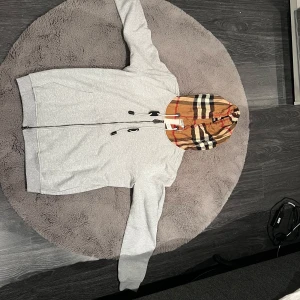 Grå hoodie från Burberry med klassisk rutig huva - Säljer en snygg grå hoodie från Burberry med den ikoniska rutiga huvan i beige, svart och röd. Helt oanvänd perfekt för höst och vår! Den har dragkedja framtill och är i mycket bra skick. Passar både till vardags och lite finare tillfällen. 🧥✨