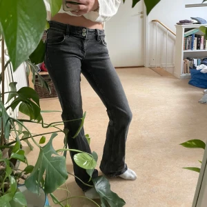 Mörkgrå bootcut jeans - Säljer ett par snygga mörkgrå jeans från Gina Tricot Young. De är i mycket bra skick, inget täcken på att dem är använda. Bakfickor men knappar och dubbla knappar vid gylfen🖤