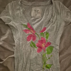 Grå blommig t-shirt från Abercrombie & Fitch - Säljer en grå t-shirt från Abercrombie & Fitch i storlek XS. Den har en v-ringning och ett fint blommönster i rosa och grönt framtill. Perfekt för en avslappnad sommarlook!