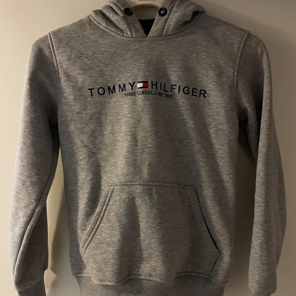 Säljer en snygg grå hoodie. Den har en klassisk design med logga på bröstet. (Är lite osäker över autenticiteten då det saknas material lapp på insidan.) Perfekt för höst och vinter. Storlek S men sitter som Xs.. Tröjor & Koftor.