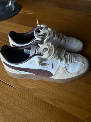 Puma Palermo sneakers beige/brun - Snygga Puma Palermo sneakers i beige och brunt med klassisk låg siluett. Ovandelen är i vitt läder och beige mocka, med bruna detaljer och gummisula. Guldiga detaljer vid loggan på sidan och vita skosnören. Perfekta för en stilren och sportig look. ( VÄLDIGT BRA SKICK, säljer pga för små)