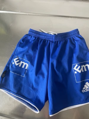 Blå Adidas shorts med logga - Snygga blå shorts från Adidas med vit logga och tryck på båda benen. Shortsen har elastisk midja och vita detaljer längs kanterna. Perfekta för sport eller chill dagar. Tillverkade i ett lätt och bekvämt material.