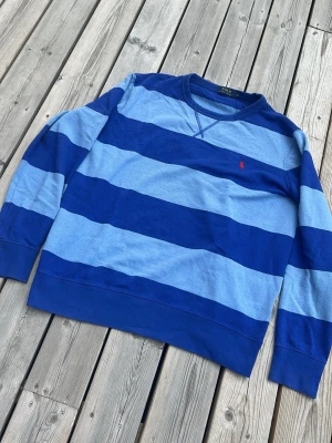 Blårandig tröja från Polo Ralph Lauren - Snygg långärmad tröja från Polo Ralph Lauren med breda blå och ljusblå ränder. Tröjan har rund halsringning och den klassiska röda loggan broderad på bröstet. Perfekt för en avslappnad och stilren look.
