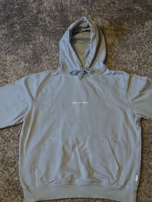 Ljusblå hoodie från Jack & Jones - Snygg ljusblå hoodie från Jack & Jones med broderad text på bröstet. Klassisk känguruficka framtill och justerbar huva med dragsko. Tillverkad i mjukt bomullsmaterial som känns skönt mot huden. Perfekt för en avslappnad och trendig look.