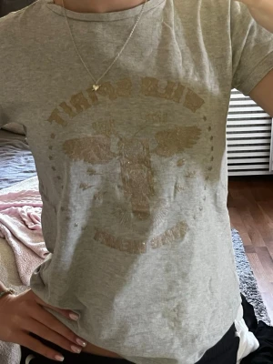 Grå t-shirt med tryck - Snygg grå t-shirt med ett stort tryck framtill som föreställer en motorcykel med vingar och texten 'Wild Spirit'. T-shirten har rund hals och korta ärmar. Perfekt för en avslappnad och cool stil.