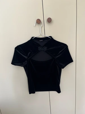 Svart sammetstopp med cut out-detalj - Snygg svart topp i mjuk sammet med korta ärmar och en unik cut out-detalj framtill som stängs med en dekorativ knäppning. Toppen har en hög hals och croppad passform som ger en trendig look.