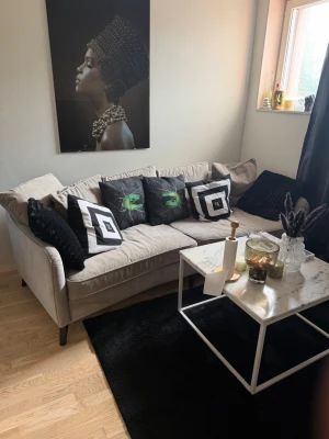 Beige sammetssoffa med kuddar Mirage Mio  Ger dig marmorbord eller Moncler Cardian MALIGA på köpet!! Om du köper soffan för 8500kr!  - Hej Säljer en stilren beige sammetssoffa med svarta träben. Soffan har mjuka, stora ryggkuddar och flera dekorationskuddar i svart, vitt och grått med olika mönster. Perfekt för dig som vill ha en modern och mysig känsla i vardagsrummet. Hej Säljer en Supersnygg Hörnsoffa Mirage som är i Nyskick Nypris 15000/20000kr  Från Mio Har inte kvitto kvar men soffan är Som sagt i Nyskick Inga skador Fläckar har du Frågor Fråga Gärna Tack!😊 Skickas inte Tyvärr är du intresserad får du komma Mått 69X240cm 