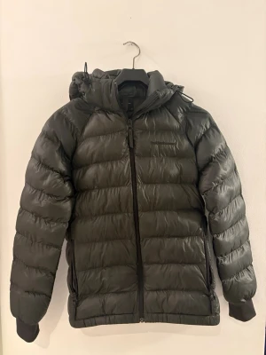 Grön peak performance vinterjacka  - Den är använd ca 10 gånger och är i mycket bra skick utan några märken eller hål. Den är i storlek 160 är lite kort för mig som är ca 168 men funkar fortfarande. Den är mörkgrön och köpt för ca 2200kr