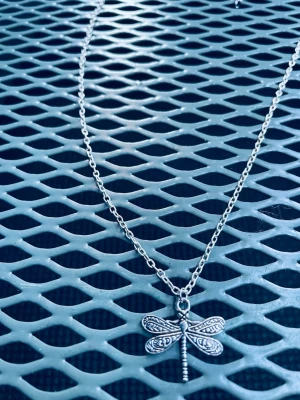 By prisförslag- Silverfärgat halsband 45 -50 cm med trollslända - Snyggt halsband i silverfärg med en detaljrik trollslända som hänge. Kedjan är tunn och smidig, och hänget har fina mönster på vingarna. Perfekt accessoar för dig som gillar naturinspirerade smycken och vill ha något unikt.