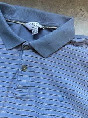 Blå randig piké från Calvin Klein - Snygg blå pikétröja från Calvin Klein med tunna vita ränder och diskret 'ck'-brodyr på bröstet. Klassisk krage, korta ärmar och knappar framtill. Perfekt för en avslappnad men stilren look.
