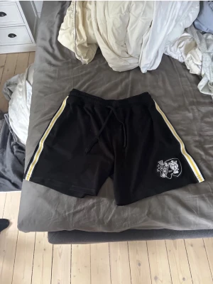 Svarta aik shorts med gula ränder - Säljer ett par svarta shorts med gula och vita ränder längs sidorna samt snörning i midjan. På vänster ben finns ett tryckt motiv med aiks logga. Perfekta för dig som vill stödja aik.