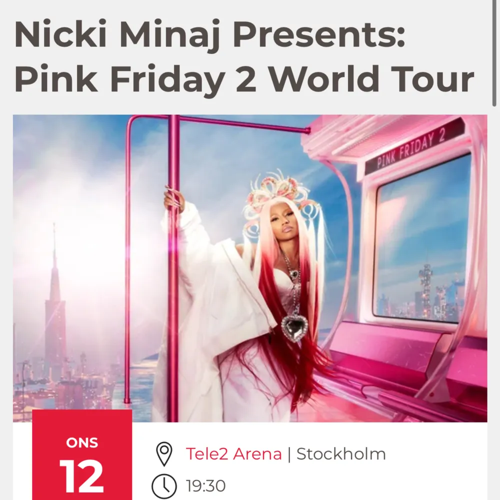 Säljer två ståplatsbilj till Nicki Minajs konsert imorgon 12 juni 19:30 på Tele2 Arena Stockholm då vi inte kan gå längre 💔 Köpta på Evenemangsbiljetter.se för 3590 kr men vi kan tänka oss 2200 kr för båda (2000 kr vid snabb affär) ❤️ Skriv för info!. Övrigt.