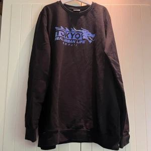 Sweatshirt  - Svart sweatshirt med blått tryck på framsidan, i barnstorlek 158-164 men passar xs-s. Ganska använt skick💗