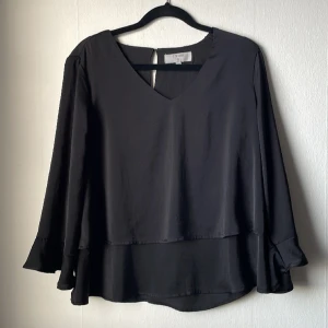 Svart blus med volang - Så fin blus med volang som tyvärr inte längre kommer till användning. Köp direkt för 60kr.🖤🖤 Sista bilden är tagen från mitt tiktok konto. (Postas inom 24 h)