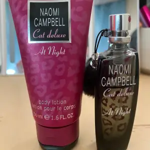 Säljer denna parfym och body lotion från Naomi campbell ”cat deluxe at night”. Bodylotionen är helt ny och full parfymen ser du på bilden hur mycket det är kvar.