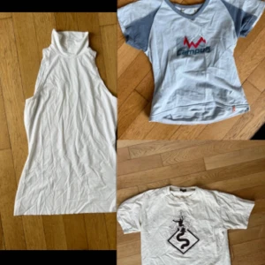 T-shirt/linne - Ett vitt linne i Spandex material, som skims, storlek S. Den blå T-shirten är baby tee, storlek S. Den beige är storlek M. 40kr per plagg eller alla för 100