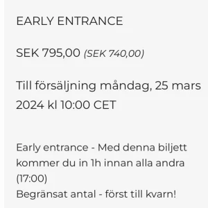 SÖKER - Söker early entrance till hov1 31 Augusti och BETALAR GÄRNA ÖVERPRIS❤️ Söker två biljetter just nu men snälla hör av er även om ni bara har en❤️❤️❤️ Skulle betyda allt❤️❤️ Söker sålänge som annonsen är uppe❤️