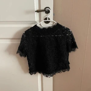 Svart spets topp från Zara - Säljer en superfin svart spets topp från Zara. Den är kortärmad och har en croppad passform. Perfekt för festliga tillfällen eller en utekväll. Toppen är i nyskick och har ett vackert mönster i spetsmaterial.