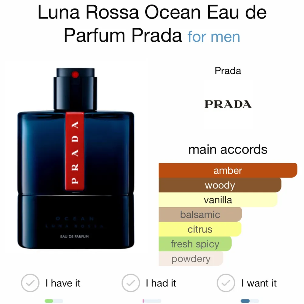 Prada Luna Rossa OCEAN Eau de Parfum kombinerar sensualitet genom banbrytande teknik och naturens finaste ingredienser. Öppningen är en mycket uppfriskande explosion av grapefrukt som kontrasterar väldigt mycket mot den träiga vibrationen av rökelse.. Accessoarer.