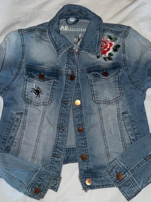 Broderad jeansjacka med rosor och bin - Säljer en snygg ljusblå jeansjacka från LAB Industries med broderade röda rosor och bin både fram och bak. Jackan har klassisk krage, bröstfickor med knappar och detaljer i kopparfärg. Perfekt för dig som vill sticka ut med coola broderier.