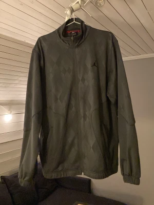 Grå ziptröja från Jordan - Säljer en grå långärmad ziptröja från Jordan med subtilt rutmönster och logga på bröstet. Tröjan har hög krage, hel dragkedja och ribbade muddar vid ärmslut och nederkant. Perfekt för dig som gillar sportig stil.