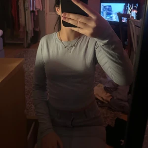 Ljusblå långärmad croppad topp - Säljer en ljusblå långärmad croppad topp med rund hals. Enkel och stilren design som passar perfekt till jeans eller kjol. Mjuk och skön bomullskänsla, perfekt för dig som gillar minimalistisk stil.