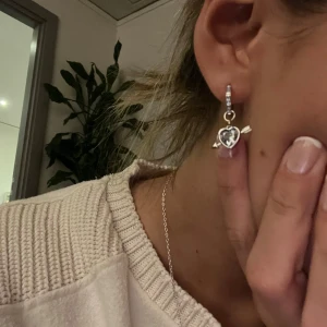 Silverörhängen med hjärta och pil - Säljer ett par snygga silverfärgade örhängen med hjärtformad sten och pil-detalj. Hängena har glittrande stenar på bågen och ett coolt hjärta i mitten, perfekt för dig som gillar unika smycken med lite edge.