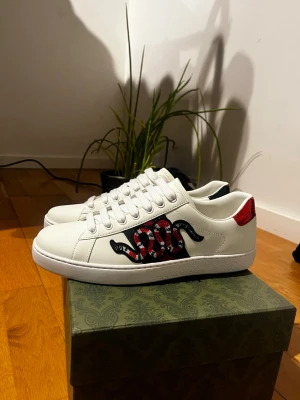 Gucci Ace sneakers orm - Gucci Ace sneakers i vitt skinn med ikonisk orm-brodyr i rött, svart och vitt på sidan. Baksidan har metallicdetaljer i rött och grönt med Gucci-logga. Klassisk rund tå, snörning och platt sula. Snygg streetstil med lyxig känsla.