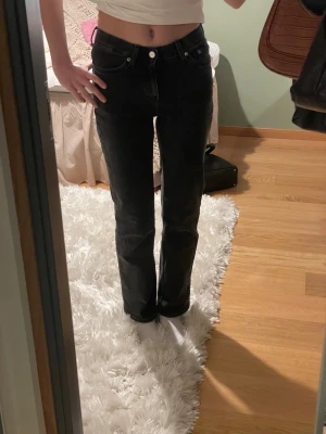 Grå jeans Twig från Weekday - Säljer ett par grå jeans från Weekday, modell Twig. Byxorna har raka ben och v passform i midjan. De är låga framtill och lite högre baktill.