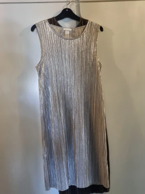Glittrig silver kortklänning H&M - Supersnygg glittrig silverfärgad kortklänning från H&M. Klänningen är ärmlös och har ett plisserat tyg som ger ett coolt fall. Perfekt för dig som vill sticka ut med metallic vibes och enkel, rak passform.