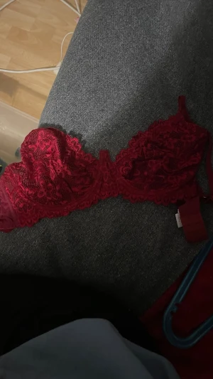 Röd spets-bh i storlek 75E - Säljer en snygg röd bh med spetsdetaljer och blommigt mönster. Bh:n har justerbara axelband och hakknäppning bak. Materialet är 95% polyester och 5% elastan vilket gör den mjuk och följsam. Saknar vaddering därav aldrig använts då jag trott den ska ha haft vaddering 