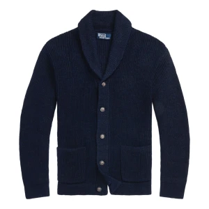 Ralph Lauren cardigan  - Mörkblå stickad Cardigan från Polo Ralph Lauren. Stängs framtill med knappar. Två fickor framtill. V-ringad med nedvikt krage. Ribbstickade muddar vid ärm- och plaggslut. Tillverkad i Lin och bomullsblandning. Helt ny med taggar ny pris 5,099kr
