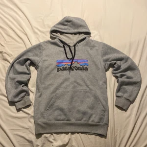 Grå Patagonia hoodie  - Säljer en grå hoodie från Patagonia med klassiskt logotryck i blått, lila och orange på bröstet. Tröjan har huva med svarta snören och en stor magficka. Perfekt för dig som gillar en avslappnad och sportig stil.