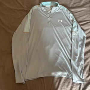 Grå långärmad träningströja Under Armour - Snygg grå långärmad träningströja från Under Armour med ljusblå detaljer på axlar och krage. Tröjan har half zip framtill och är tillverkad i ett lätt och funktionellt syntetmaterial. Perfekt för träning eller chill dagar.