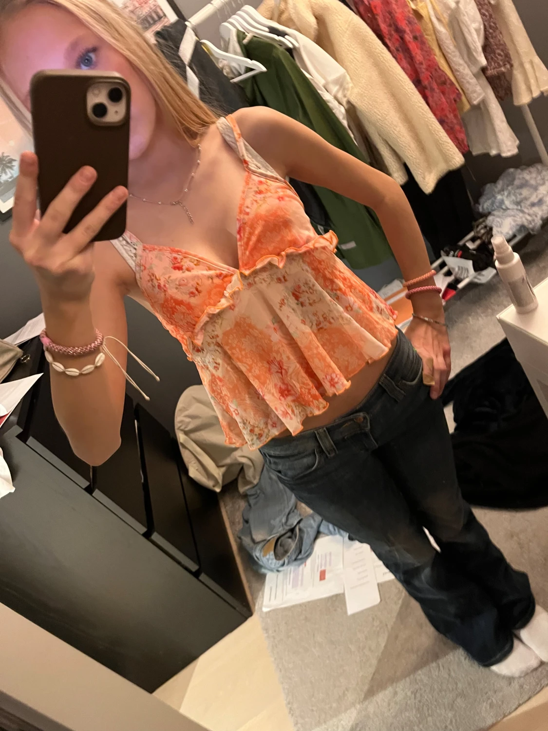 Blommig volang topp i orange färger - 2