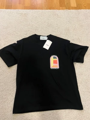 Svart Casablanca t-shirt med färggrafik - Casablanca t-shirt i svart med stor grafisk print i pastellfärger på både bröstet och ryggen. Trycket har en cool fönsterdesign i rosa, gul, orange och blå toner med texten 'CASA BLANCA'. Klassisk rund hals och korta ärmar. Perfekt för dig som gillar statement-plagg.