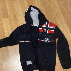 Svart hoodie från Geographical Norway - Säljer en svart hoodie från Geographical Norway med norsk flagga och tryckdetaljer. Tröjan har dragkedja och huva med snörning. Perfekt för kyliga dagar.