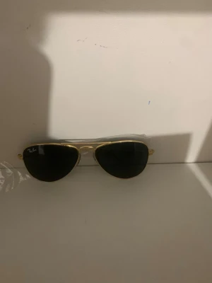  solglasögon för barn ray ban - ett par Ray-Ban solglasögon med svart glas och guldfärgad metallram samt ett blått fodral.