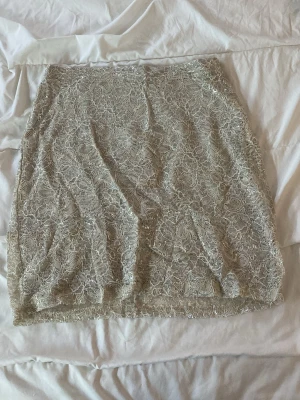 Beige spetskjol med paljetter - Säljer en beige kortkjol med vacker spets och diskreta paljettdetaljer. Kjolen har en rak passform och dragkedja bak. Perfekt för dig som vill ha en feminin och trendig look med lite extra glitter.