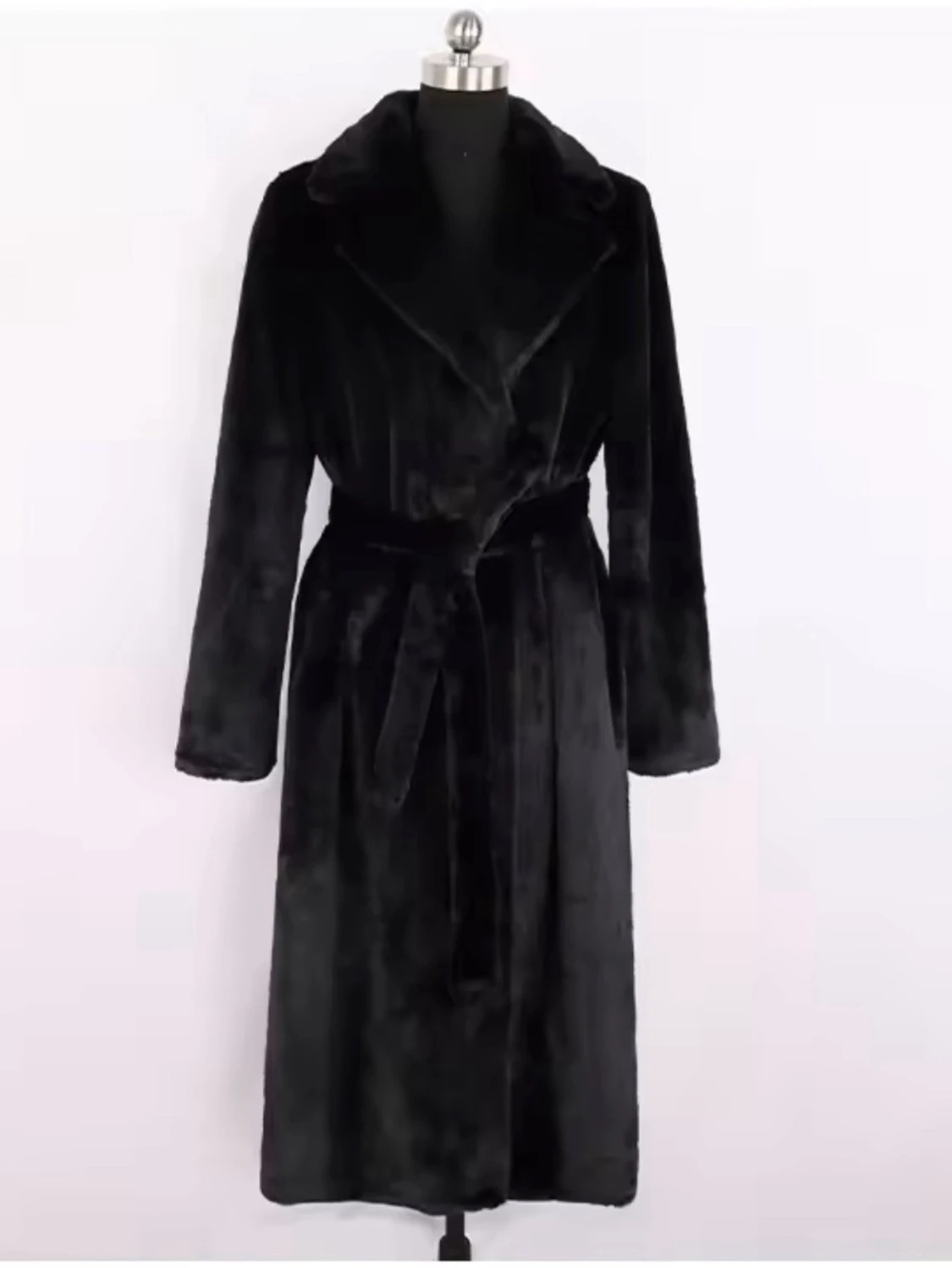 Svart lång pälsjacka med bälte - 1