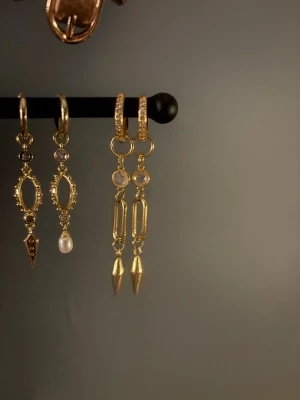 Guldiga örhängen med spetsig detalj - Säljer ett par coola guldiga örhängen med rund ring, klar sten och hängande spetsig detalj. 