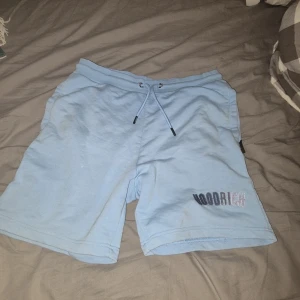 Ljusblå shorts från Hoodrich - Säljer ett par ljusblå shorts från Hoodrich i mjuk bomull med broderad logga på ena benet. Shortsen har snörning i midjan och en avslappnad passform, perfekta för chill dagar. Snygg och enkel design som är lätt att matcha.