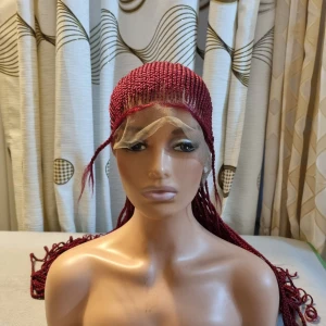 Flätad peruk - Helspets flätad peruk med vinröd färg 92cm handgjorda cornrow med babyhår och justerbar remsa.