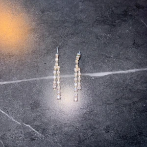 Långa glittriga örhängen i silver - Säljer ett par långa, hängande örhängen i silverfärg med flera rader av gnistrande stenar. Örhängena har en elegant och modern design som verkligen fångar ljuset. Perfekta för dig som vill ha något extra till din look.