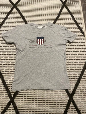 Grå GANT t-shirt med logga - Snygg grå t-shirt från GANT med klassisk logga och texten 'American Sportswear' på bröstet. T-shirten har rund hals och korta ärmar, perfekt för en avslappnad och sportig stil. Tillverkad i mjuk bomull för skön komfort.